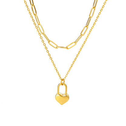 Double Chain Heart Necklace - Simple Gold Necklace with Heart Accent Charms