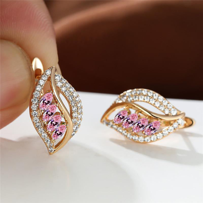 Crystal Leaf Earrings - Gold Hoop-Stud Earrings with Colorful Gemstone Leaf Design