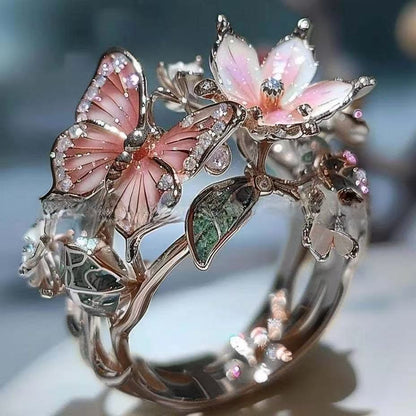 Enchanted Butterfly Ring - Colorful Crystal Ring with Floral and Leaf Accent Detail