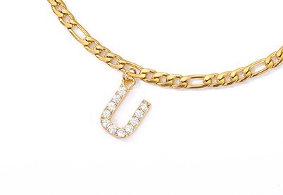 Crystal Initial Anklet - Gold or Silver Figaro Chain with Letter Charm (A-Z)