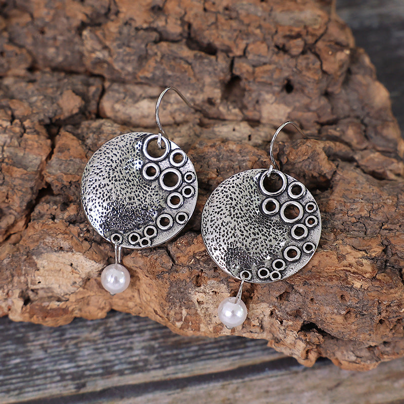 Artisan Circle Earrings - Hammered Silver Disc with Pearl Drop and Geometric Cut-Outs