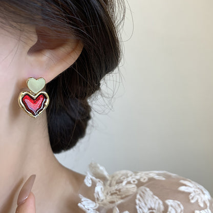 Red & Gold Heart Stud Earrings - Double Layer Heart Post Earrings with Enamel