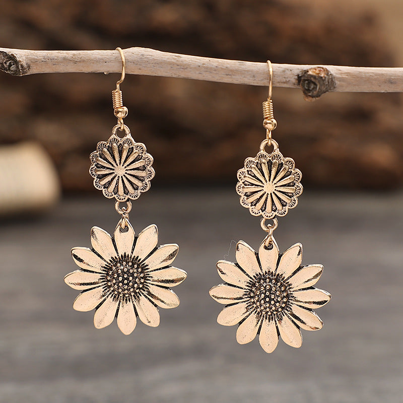 Sunflower Dangle Earrings - Retro Double Daisy Drop Earrings in Gold or Silver