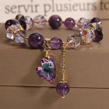 Amethyst Crystal Bracelet - Purple Gemstone Bead Bracelet with Heart Charm and Tassel