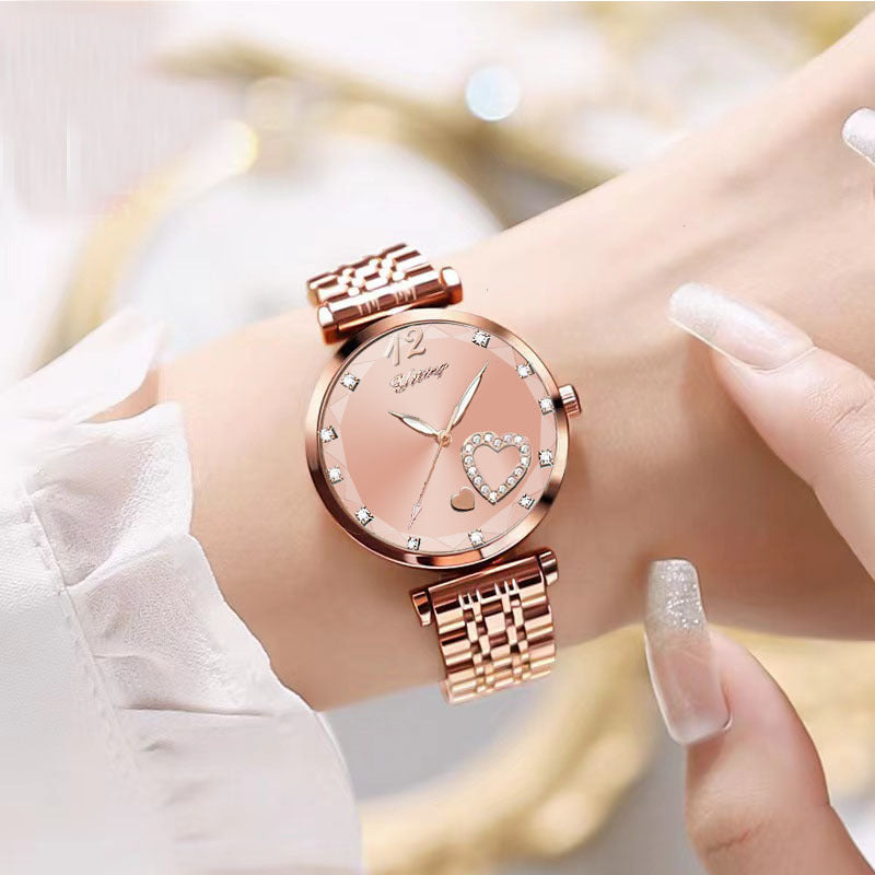 Rose Gold Heart Watch - Elegant Chain Link Women's Watch with Heart Accent Dial