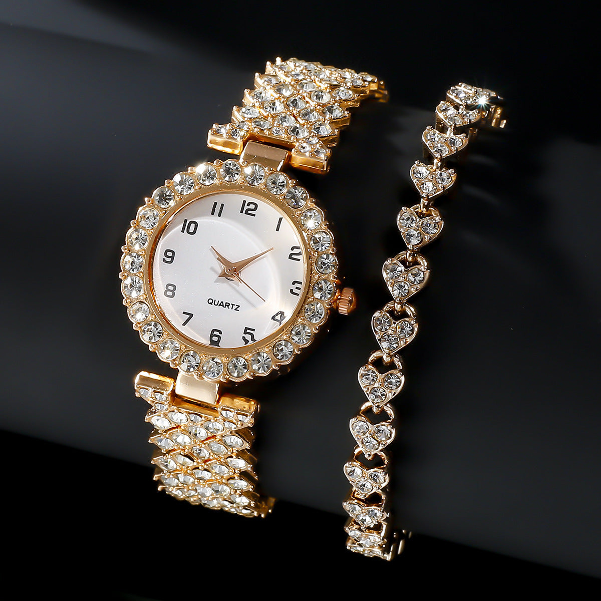 Crystal Watch & Bracelet Set - Pavé Bezel Quartz Watch with Heart Link Bracelet