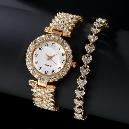 Crystal Watch & Bracelet Set - Pavé Bezel Quartz Watch with Heart Link Bracelet