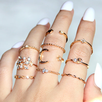 Celestial Ring Set - 10-Piece Gold Stacking Rings with Moon, Star and Crystal Accents
