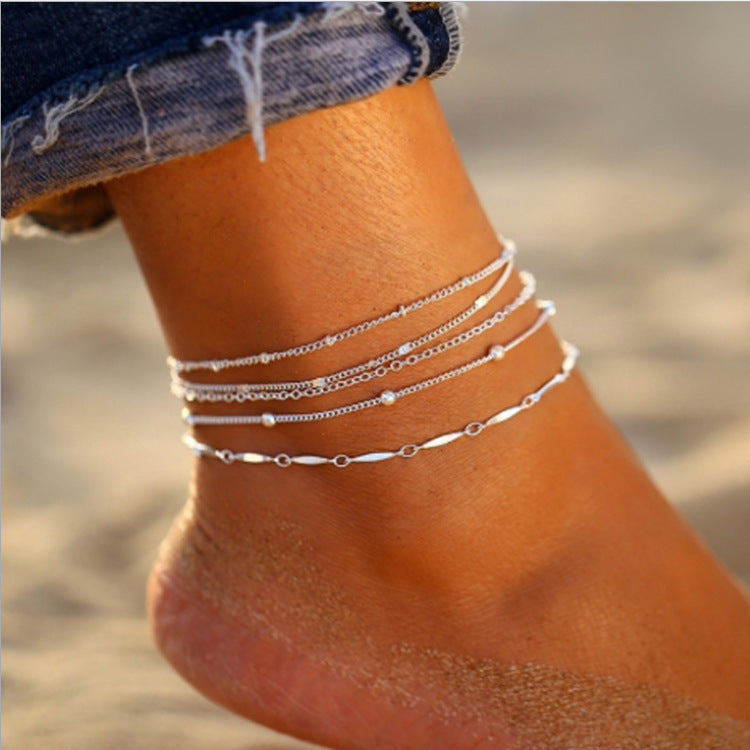 5-Piece Layered Anklet Set - Multi-Chain Stack in Gold, Silver or White Gold