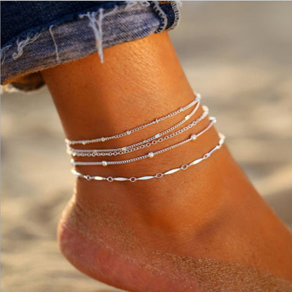 5-Piece Layered Anklet Set - Multi-Chain Stack in Gold, Silver or White Gold