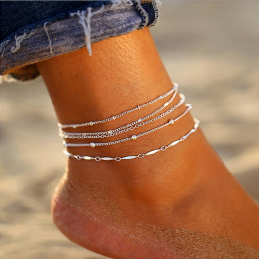 5-Piece Layered Anklet Set - Multi-Chain Stack in Gold, Silver or White Gold