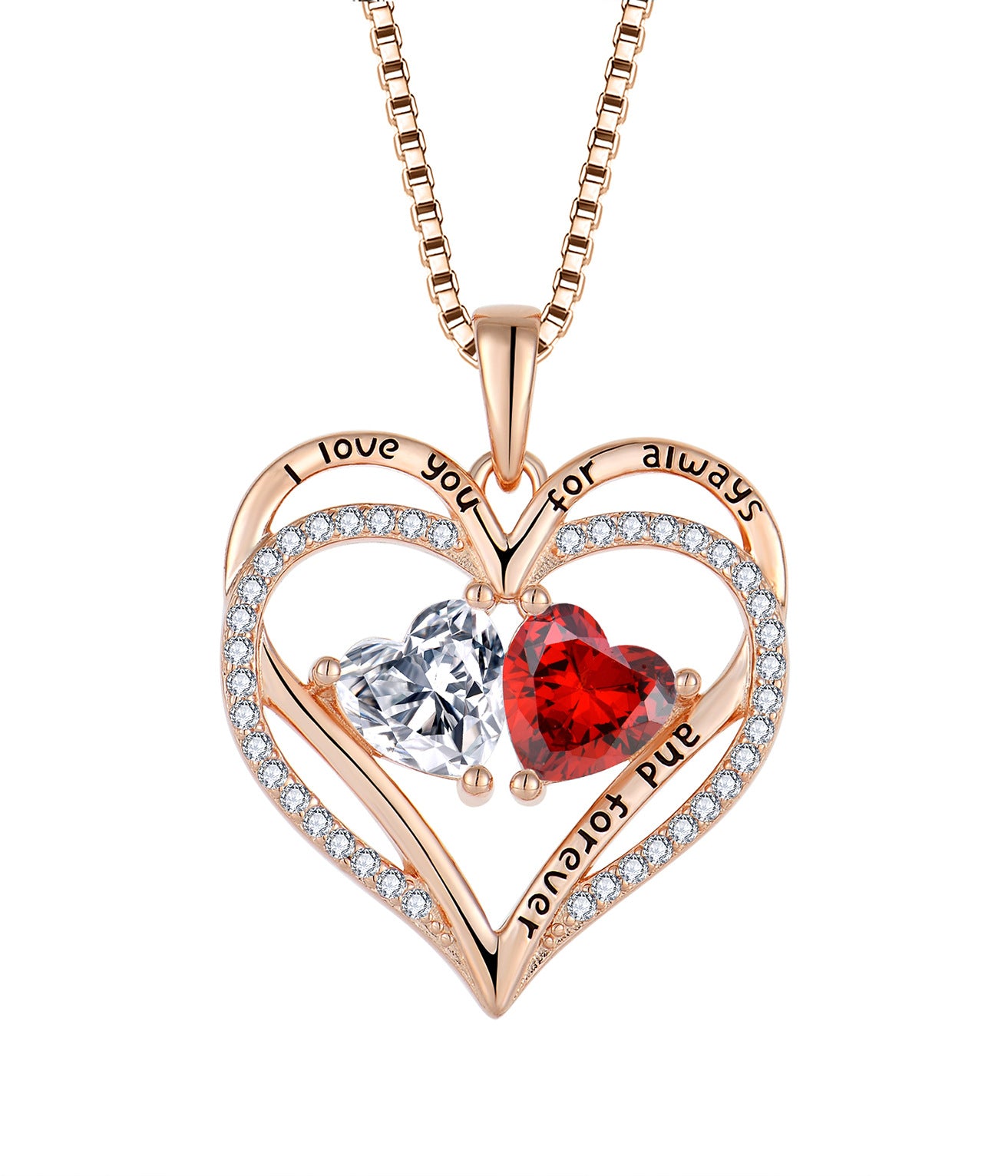 Double Heart Birthstone Necklace - S925 Silver "I Love You" Pendant with Crystal Hearts in Rose Gold