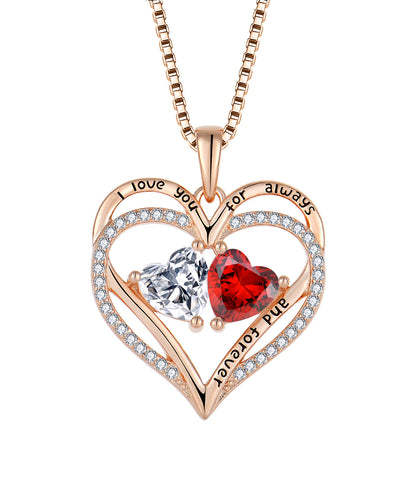 Double Heart Birthstone Necklace - S925 Silver "I Love You" Pendant with Crystal Hearts in Rose Gold