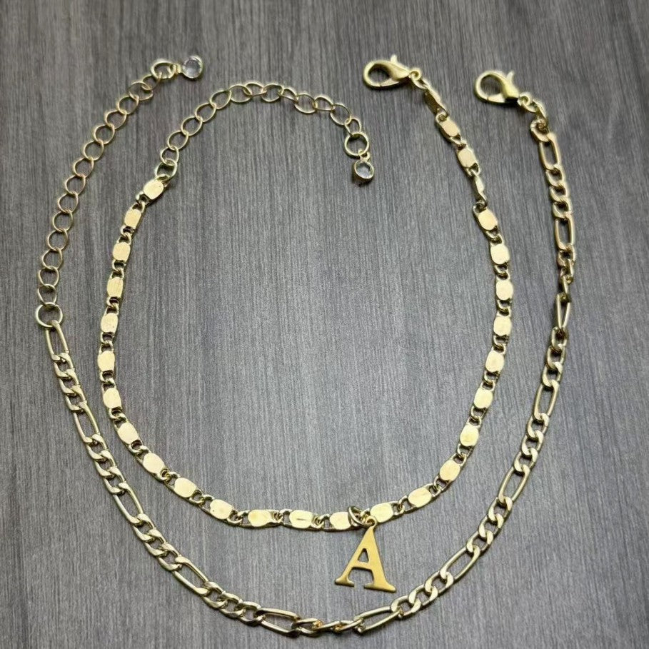 Personalized Initial Anklet Stack - Double Chain Gold Letter Anklet Set