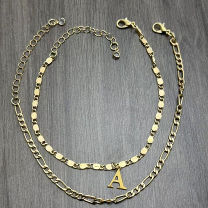 Personalized Initial Anklet Stack - Double Chain Gold Letter Anklet Set