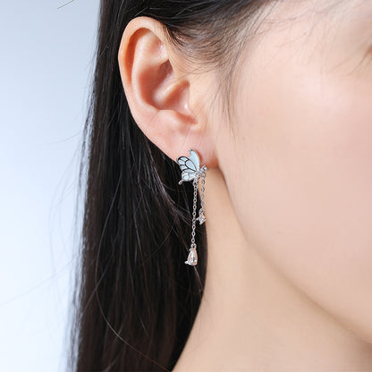Luminous Butterfly Earrings - S925 Silver Long Chain Drop with Blue Enamel Wings