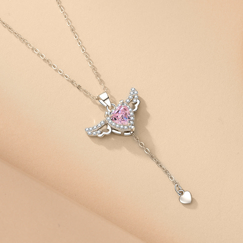Angel Wing Fluttering Heart Necklace - Silver Cupid Pendant with Pink Crystal and Pearl Drop