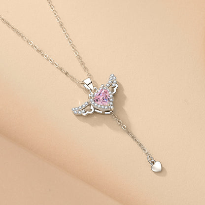 Angel Wing Fluttering Heart Necklace - Silver Cupid Pendant with Pink Crystal and Pearl Drop
