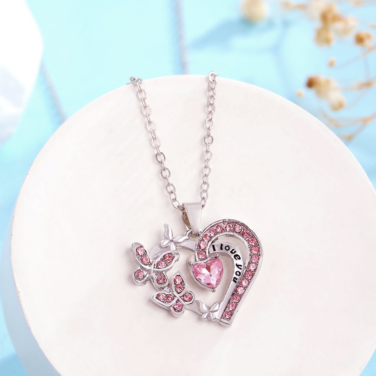 Crystal Heart Butterfly Necklace - "I Love You" Engraved Pendant in 3 Colors