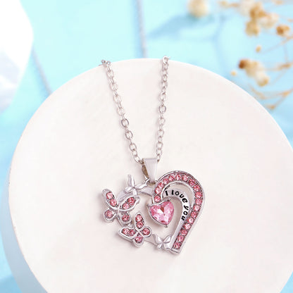 Crystal Heart Butterfly Necklace - "I Love You" Engraved Pendant in 3 Colors