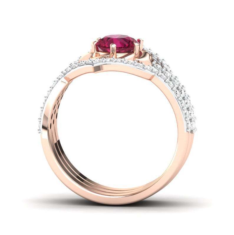 Ruby Halo Ring Set - Rose Gold Multi-Band Ring with Red Crystal Center Stone