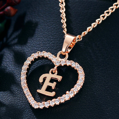 Crystal Heart Initial Necklace - Rose Gold Letter Pendant Necklace with Crystal Border (A-Z)