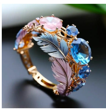 Enchanted Butterfly Ring - Colorful Crystal Ring with Floral and Leaf Accent Detail