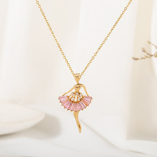 Ballet Dancer Necklace - Gold Angel Ballerina Pendant with Pink Crystal Skirt Detail