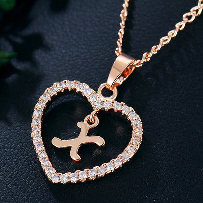 Crystal Heart Initial Necklace - Rose Gold Letter Pendant Necklace with Crystal Border (A-Z)