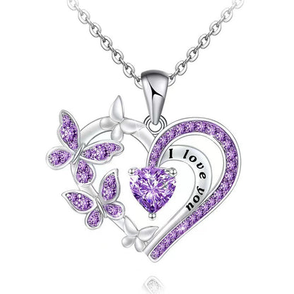 Crystal Heart Butterfly Necklace - "I Love You" Engraved Pendant in 3 Colors