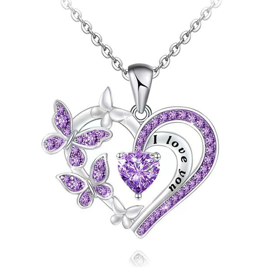 Crystal Heart Butterfly Necklace - "I Love You" Engraved Pendant in 3 Colors