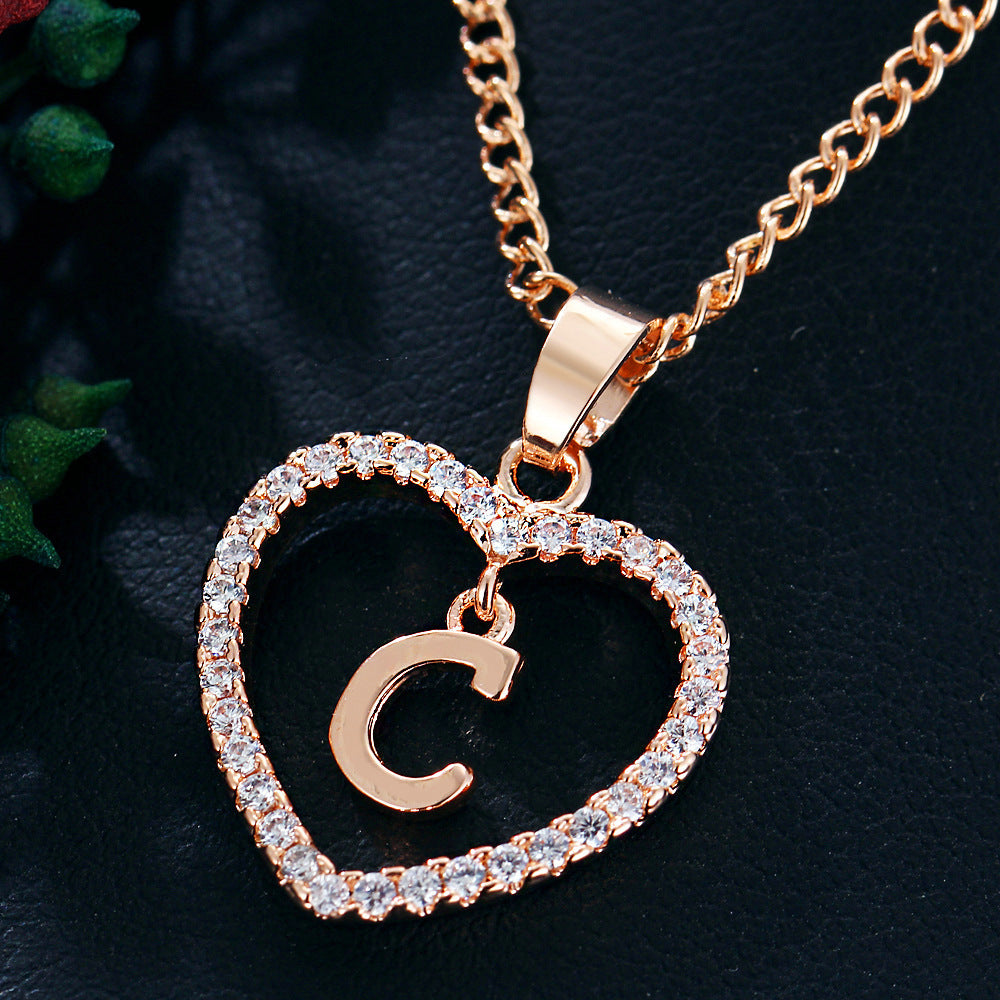 Crystal Heart Initial Necklace - Rose Gold Letter Pendant Necklace with Crystal Border (A-Z)