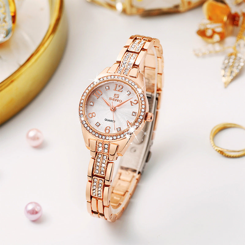 Crystal Bracelet Watch - Women's Watch with Pavé Crystal Bezel and Band (Rose Gold or Silver)