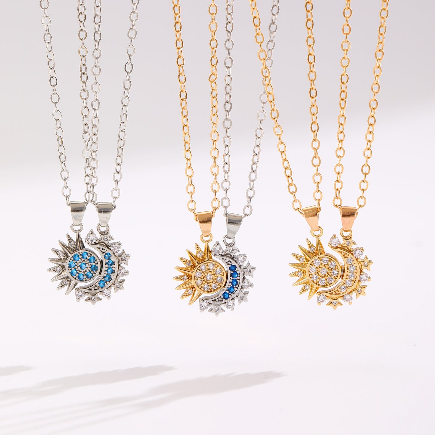 Sun and Moon Necklace Set - Best Friend Matching Necklaces with Crystal Accents (2 Pieces)
