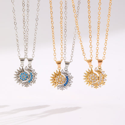Sun and Moon Necklace Set - Best Friend Matching Necklaces with Crystal Accents (2 Pieces)