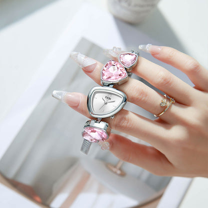Geometric Stone Watch - Silver Link Watch with Three Crystal Shapes (5 Colors)